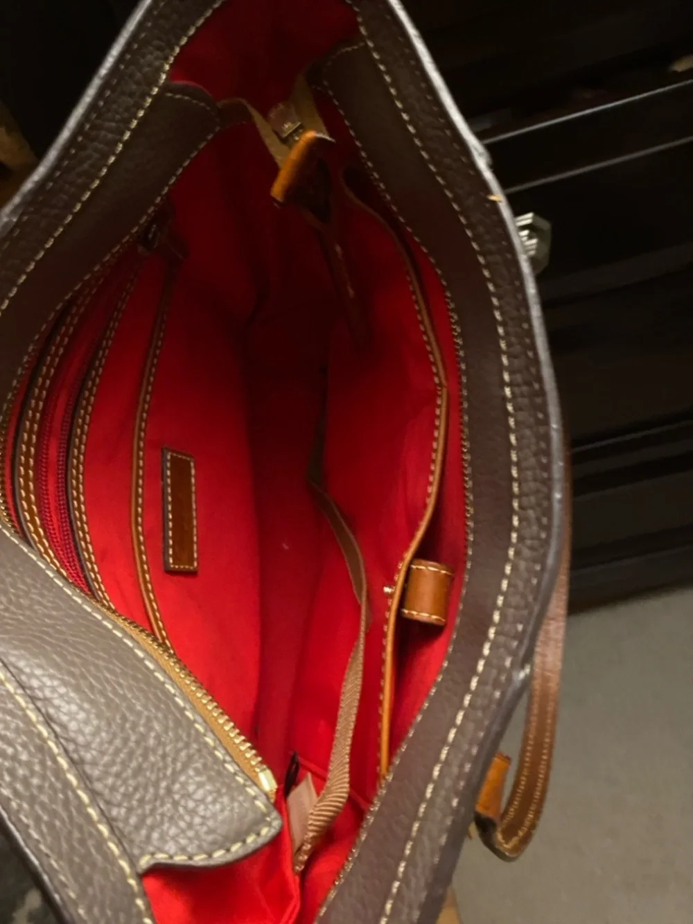 Dooney & Bourke Taupe Pebble Leather Tote with Brown Trim - Picture 4 of 6